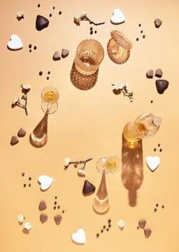 Creative pattern of bottles, cups, flowers and hearts with a round copy space in Stock Photos