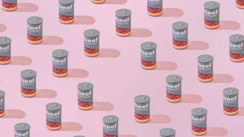 Creative Pattern Canned Beef can flat lay on pastel pink background minimalism Stock Footage 331714993