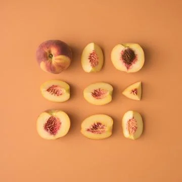 Creative Pattern concept Flat lay minimal layout made from sliced peach. 写真素材