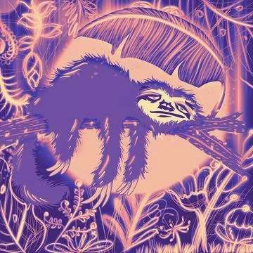 Creative pattern cute hand drawn sloth sleeping in the forest moon night time Foto stock