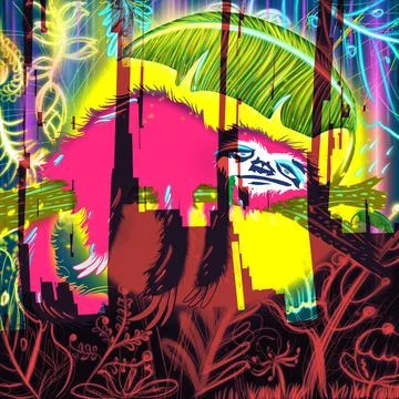 Creative pattern cute hand drawn sloth sleeping in the forest moon night time Foto stock