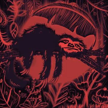 Creative pattern cute hand drawn sloth sleeping in the forest moon night time Foto stock