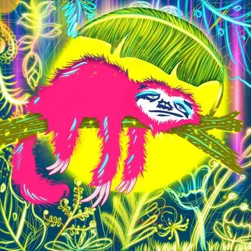 Creative pattern cute hand drawn sloth sleeping in the forest moon night time Foto stock