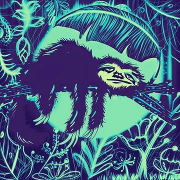 Creative pattern cute hand drawn sloth sleeping in the forest moon night time Foto stock