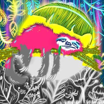 Creative pattern cute hand drawn sloth sleeping in the forest moon night time Foto stock