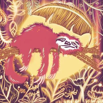 Creative pattern cute hand drawn sloth sleeping in the forest moon night time Foto stock