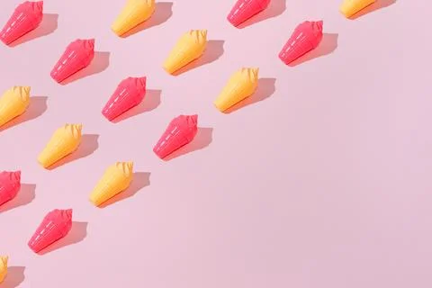 Creative pattern ice cream vanilla strawberry cone pink background copy space Stock Photos