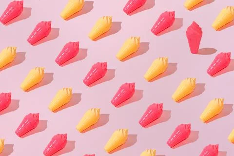 Creative pattern ice cream vanilla and strawberry cone pastel pink background Stock Photos