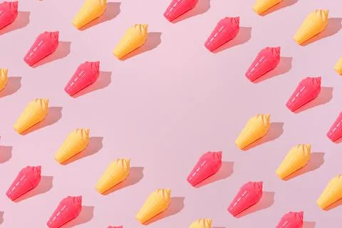 Creative pattern ice cream vanilla strawberry cone pink background copy space Stock Photos