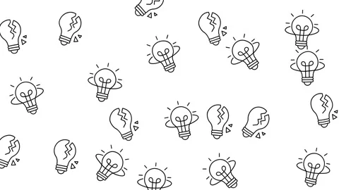 Creative Pattern with Lit and Cracked Light Bulb Icons on White Background Stock Footage 345539424