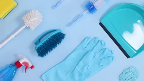 Creative pattern made of household cleaning tools move . Stop motion Stock Footage 151426098