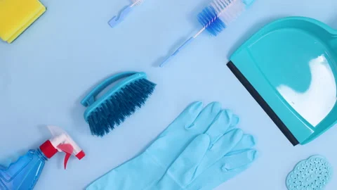 Creative pattern made of household cleaning tools. Stop motion Stock Footage 151426259
