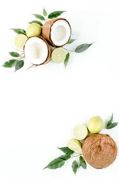 Creative pattern made of summer tropical fruits: coconut, lime and leaves ficus Stock Photos