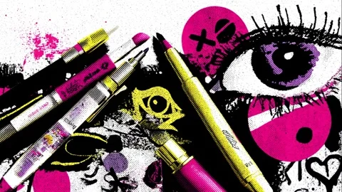 Creative pattern with mascaras, powder kits, and lipsticks Stock Footage 308054526