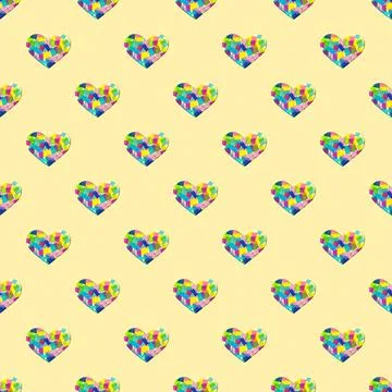 Creative pattern with paper cut heart and multicolored patchwork. yellow past Stock Photos