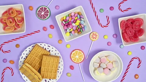 Creative pattern with sweets, candies and lollipops move. Stop motion Video stock 170020028