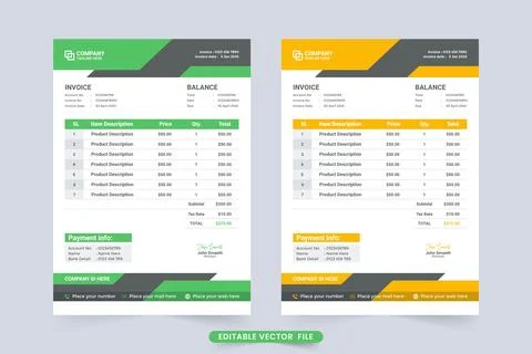 Creative payment receipt template vector with green and yellow colors. Corpor Illustrazione stock