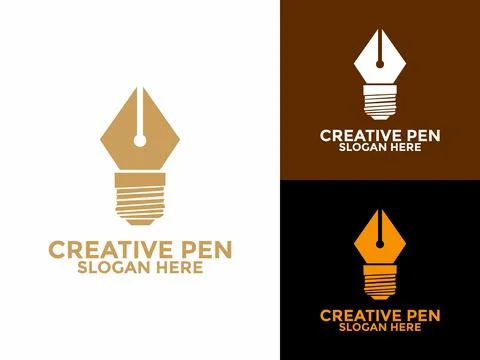 Creative Pen logo design vector, Pen with Bulb logo design template Stock Illustration