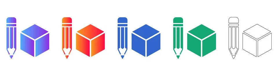 Creative Pencil and 3D Cube Icon Set Illustrazione stock