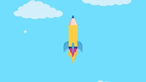 Creative pencil rocket flying upwards through blue sky with cartoon clouds .. Stock Footage 333354849