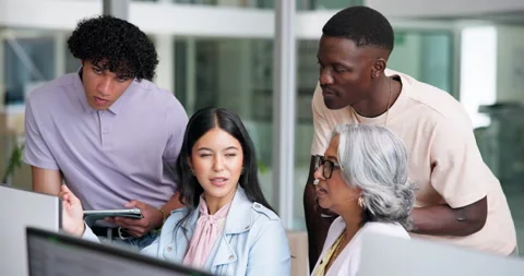 Creative, people and conversation in office with computer, marketing internship Stock Footage 335800709