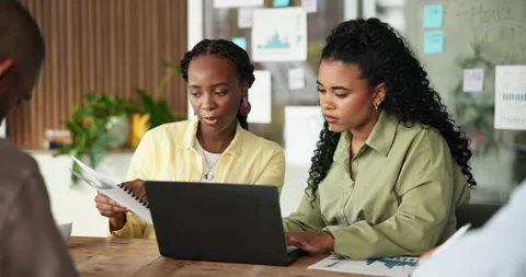 Creative, people and document in office with laptop, data analysis and Stock Footage 329377009