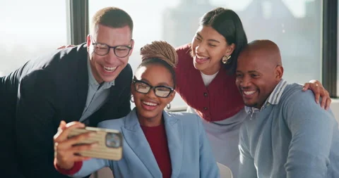 Creative, people and happy team with selfie for about us, social media or Stock Footage 335788174