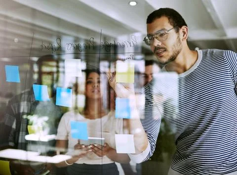 Creative, people and sticky notes on glass for workflow, timeline and design 스톡 사진