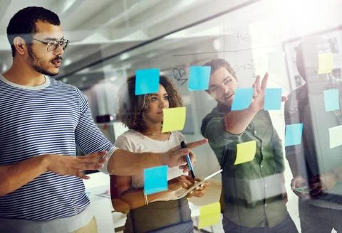 Creative, people and sticky notes on glass for strategy, timeline and design 스톡 사진