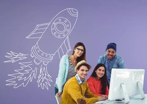 Creative people with hand-drawn rocket Stock Photos