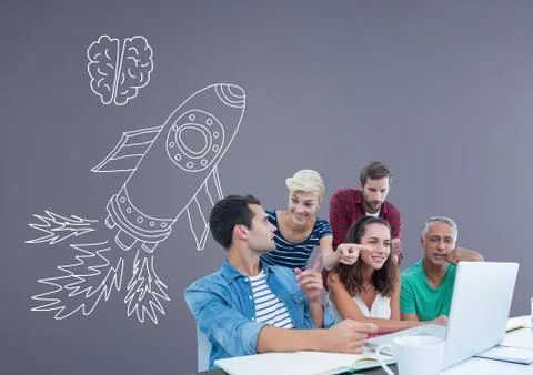 Creative people with hand-drawn rocket and brain Stock Photos
