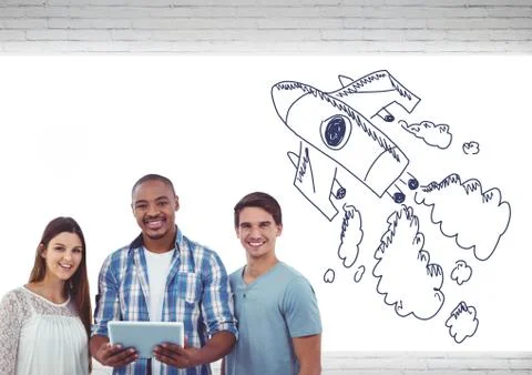 Creative people with hand-drawn rocket Stock Photos