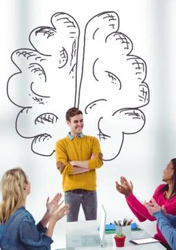 Creative people with hand-drawn rocket and brain Stock Photos
