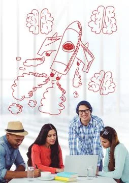 Creative people with hand-drawn rocket and brains Stock Photos