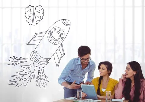 Creative people with hand-drawn rocket and brain Fotos de archivo