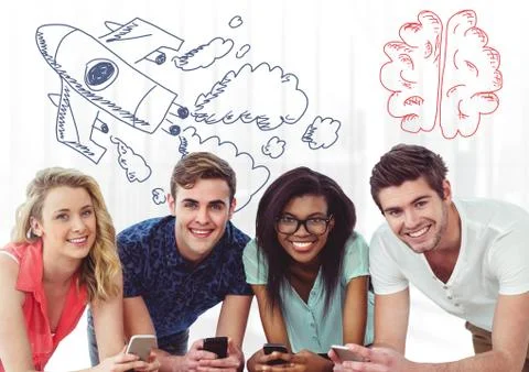 Creative people with hand-drawn rocket and brains Foto stock