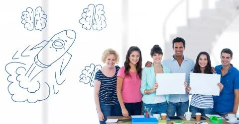 Creative people with hand-drawn rocket and brains Foto stock