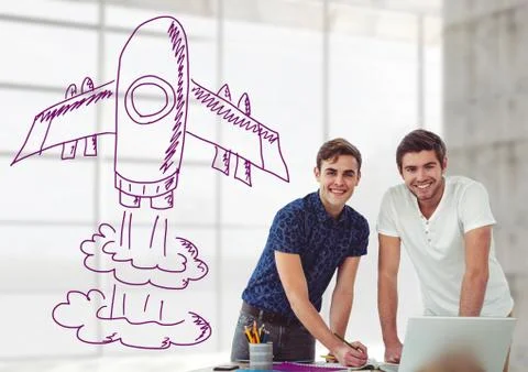 Creative people with hand-drawn rocket Stock Photos