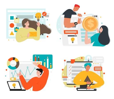 Creative people with light bulbs, vector illustration. Search for new business 스톡 일러스트