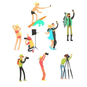 Creative People Posing while Photographer Taking Photos. Vector Illustration Set Stock Illustration