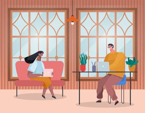 Creative people working in co working office. Man and woman sitting in room Stock Illustration