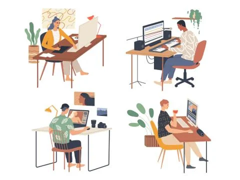 Creative people working in their workplaces passionate about work Stock Illustration