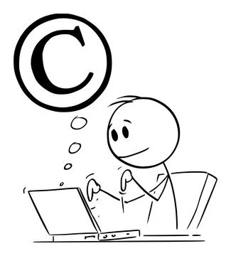 Creative Person Typing on Computer and Producing Copyrighted Work or Illustrazione stock