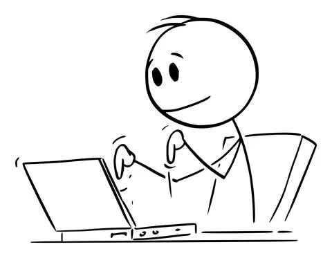 Creative Person Typing or Working on Computer , Vector Cartoon Stick Figure Stock Illustration