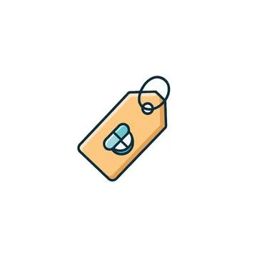 Creative pharmaceutical tag design featuring pill icon for healthcare and m.. Illustrazione stock