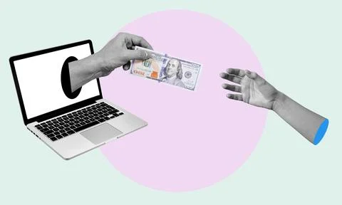 Creative photo collage artwork postcard poster sketch money payment for a sub Stock Photos