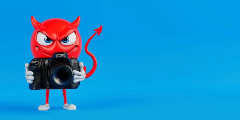 Creative Photography Concept. Red Devil Cartoon Character Holding Professio.. Stock Illustration