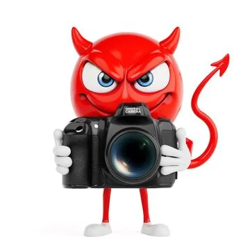 Creative Photography Concept. Red Devil Cartoon Character Holding Professio.. Stock Illustration