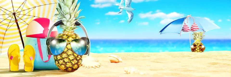 Creative pineapple with sunglasses on summer background. Stock Photos