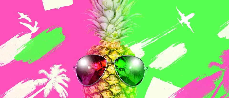Creative pineapple with sunglasses on summer background. Stock Photos